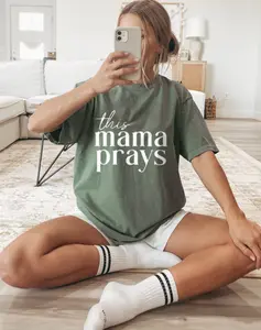 This Mama Prays Mixed Script Bold Letter Sage Green Washed Women's Short Sleeve Faith T-Shirt/Christian Mom Gift T-Shirt, Minimal This Mama Prays Script & Bold Font Oversized Sage Casual Top