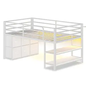 Twin Size Low Loft Bed with 6 Storage Drawers and LED Lights White