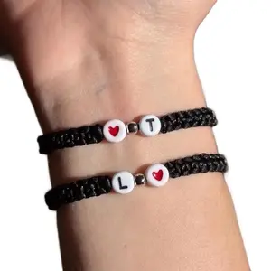 Personalized Couple Bracelets Custom Initial Macrame with Heart Beads Handmade Unisex Jewelry Black Cord Red Heart Accents