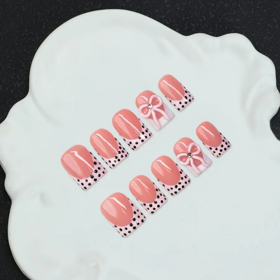 10 square handmade nail tips Y2K girl style, naked French polka dot bow, wearable nails, shiny nails, Glossy fake nails, Decorative Nails, Acrylic Fake Nails, nail art, suitable for parties/daily wear, including toolkit, gift for women & girls