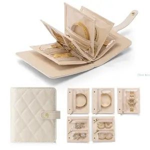 Mini Travel Jewelry Organizer Case | Jewelry Storage Book with Clear Zipper Velvet Pouches | Portable Earring, Ring & Necklace Holder | Ideal Wedding & Summer Gift