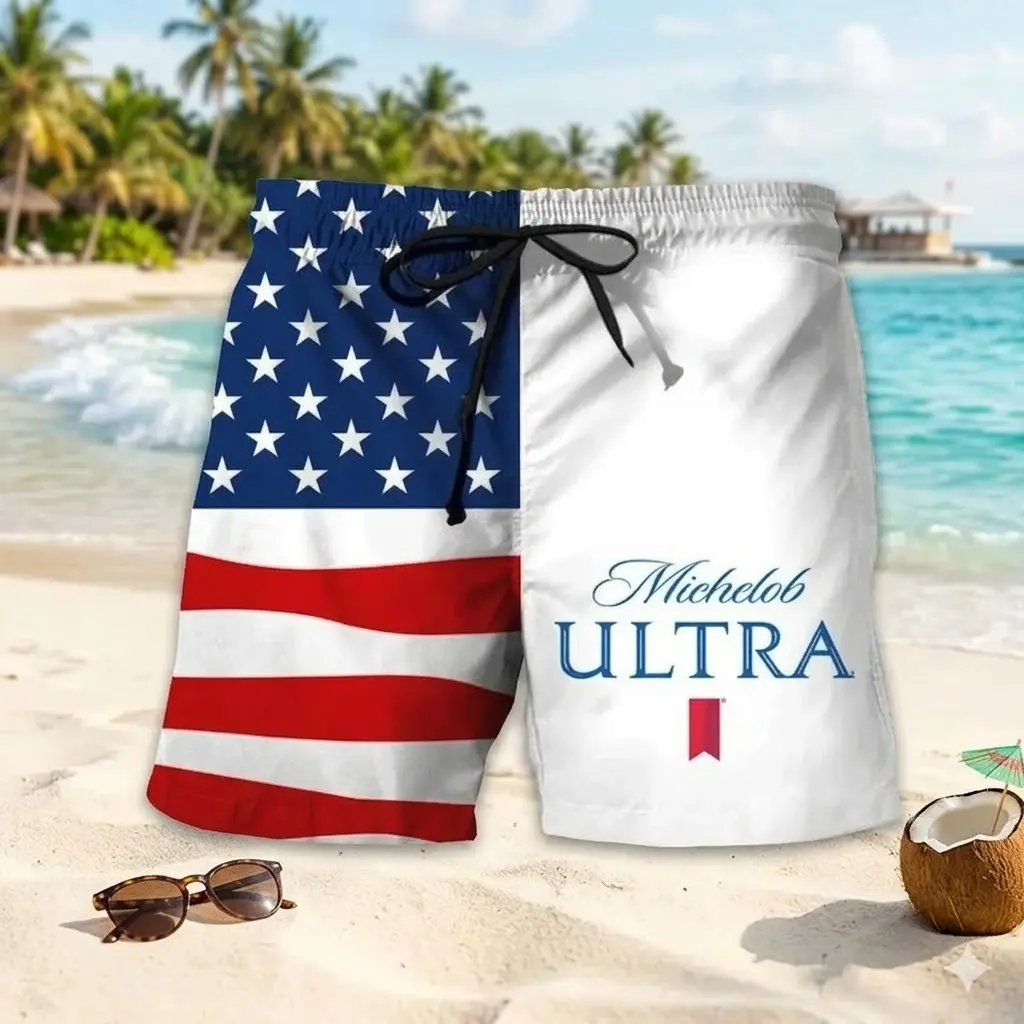 USA Flag Fourth Of July Michelob Ultra Swim Trunks – Patriotic Beer Lover Summer Beach Shorts, Summer Mens Swim Trunks, Vacation Party Outfit, Vacation Hawaiian Short, Gift For Men
