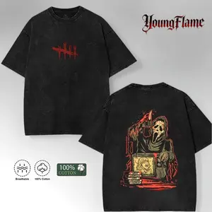 Unisex Dead by Daylight Ghost Face Graphic Cotton T-Shirt, Short-Sleeve Round Neck Casual Tee, Retro Vintage Washed Horror Gaming Streetwear Menswear Summer Top men fashion black fits outdoorfun