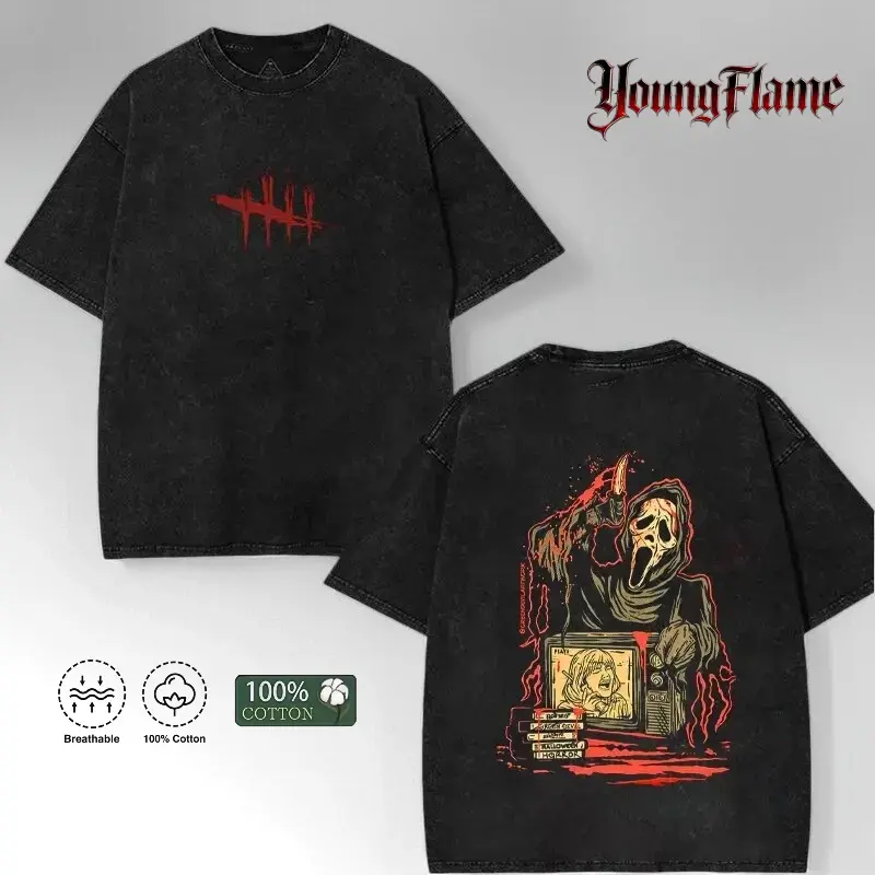 Men's Dead by Daylight Ghost Face Graphic Cotton Tshirt - Menswear Tee, Short-Sleeve Round Neck Casual Horror Gaming Streetwear, Retro Vintage Washed Summer Black Top