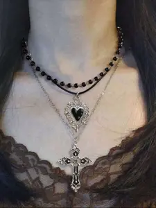 3-Piece Retro Punk Cross Heart Pendant Necklace Set, Gothic Unisex Design, Beaded Chain, Party & Vacation Jewelry, Stackable Necklaces