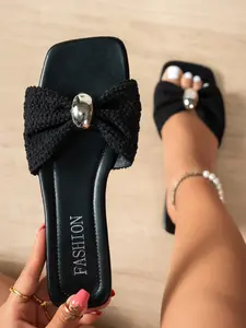 Women's Plush Bow Metal Buckle Square Toe Flat Sandals, Comfortable Casual Footwear, Perfect for Daily Wear, Stylish and Trendy Design