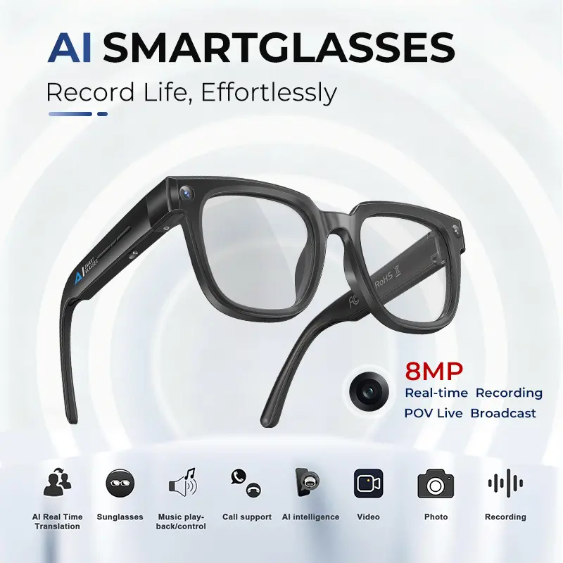 AI Sport Wearable Smart Glasses - Square Casual Wireless Device with 8MP Digital Camera, Hands-Free Photo/Video Recording, Anti-Shake, WiFi Transfer, Green Lens, App Translation, Bluetooth Calls, Open-Ear Audio, Lightweight for Cycling & Daily Use, Walkin