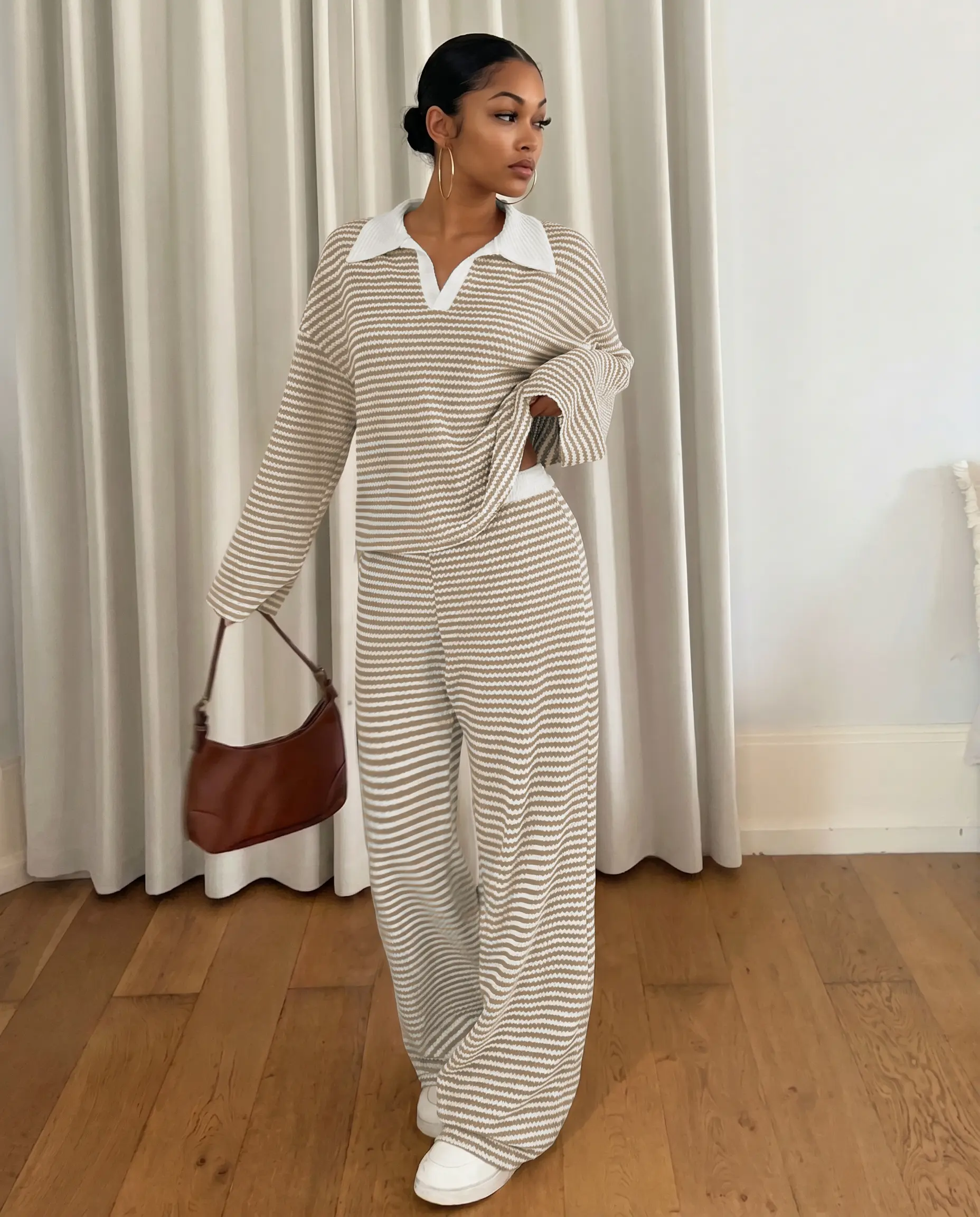 USBOUTIQUE CHIC Women's 2026 autumn and winter Oversized Two Piece Set Short Sleeve Top & Drawstring Pants Striped Lounge Outfit