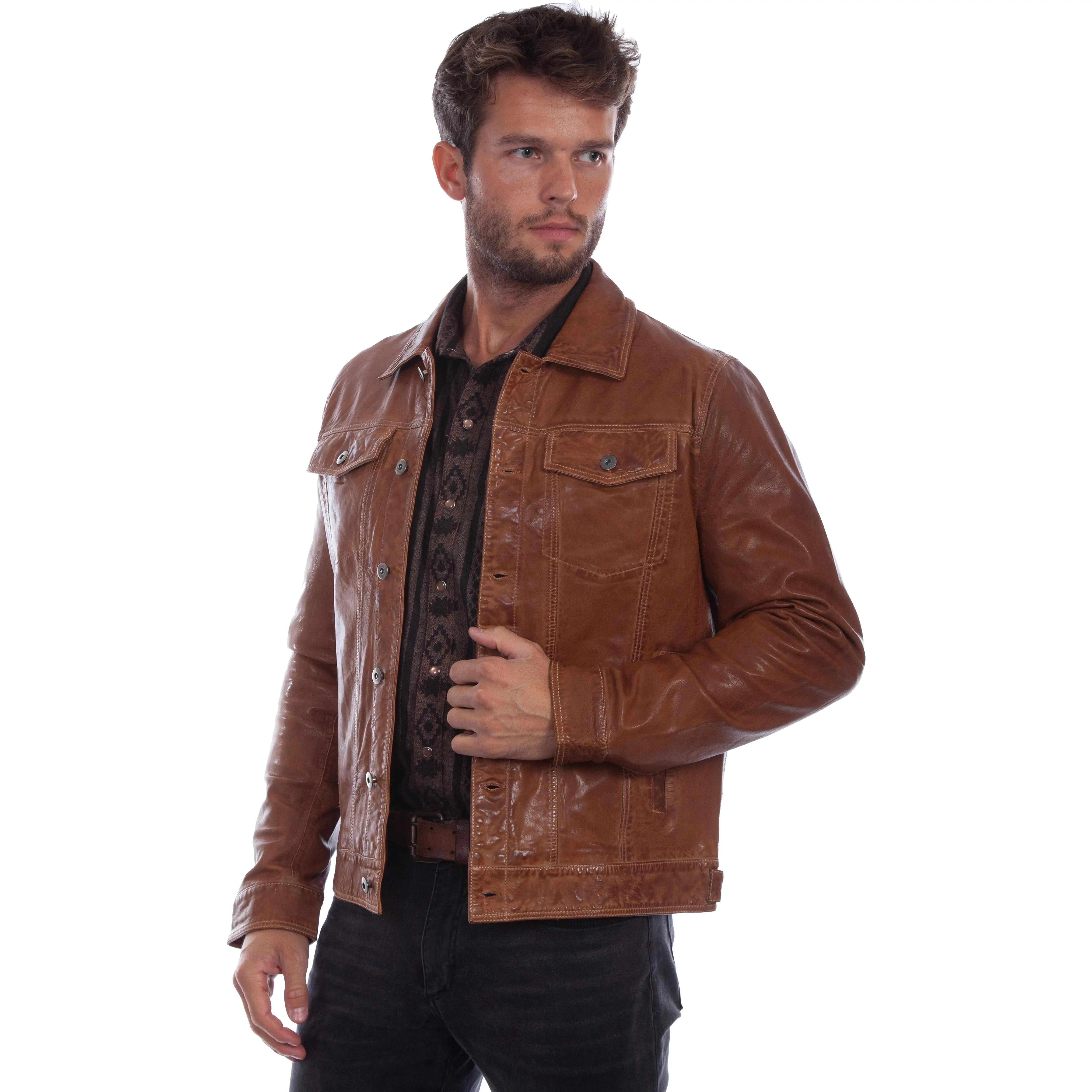 Scully Mens Classic Metallic Leather Jacket - Men's Tops with Pockets, Casual Layering Outerwear, Menswear, Coats