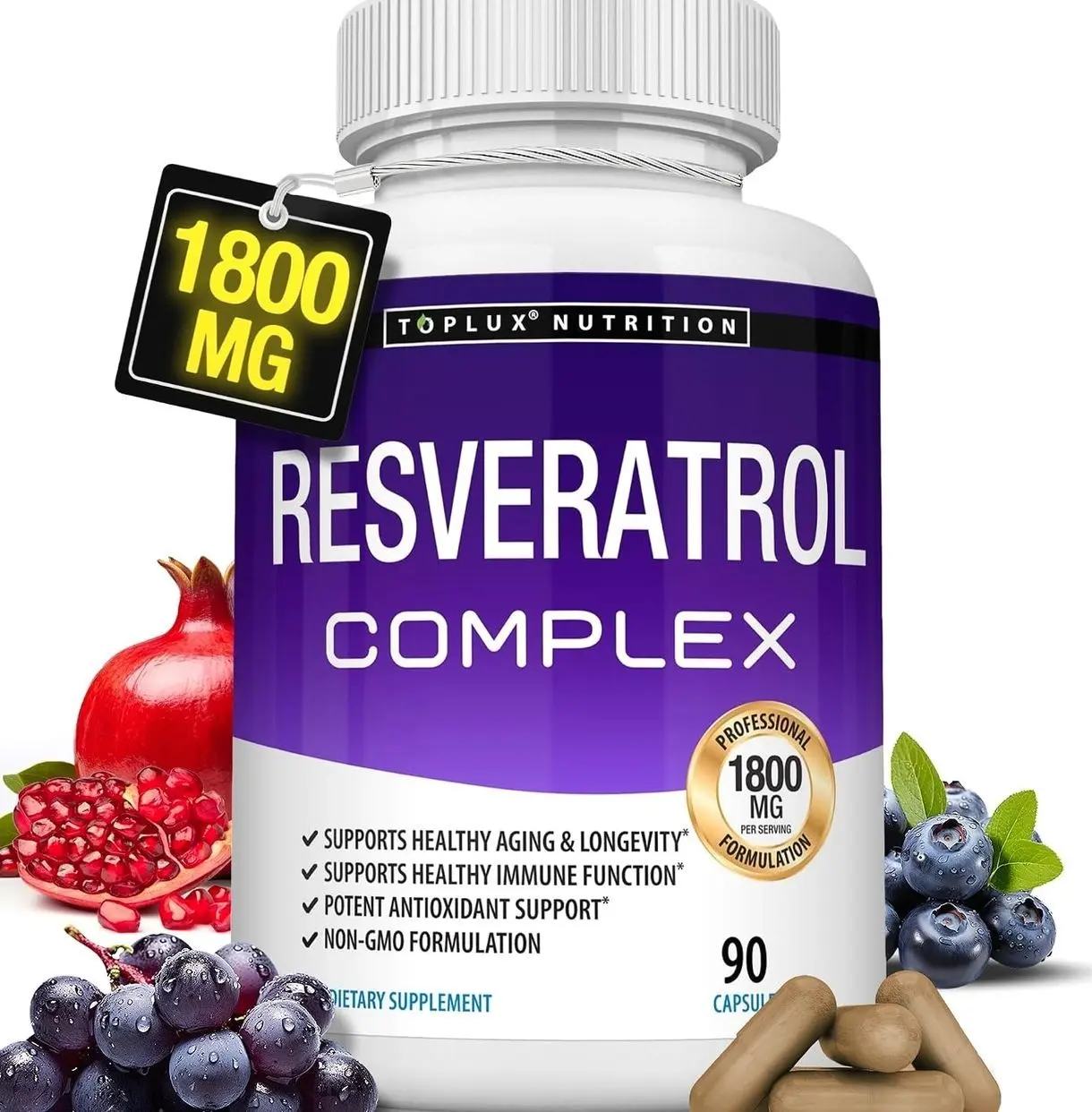 Resveratrol Supplement 1800 mg Antioxidant Complex - Highly Potent Natural Trans-Resveratrol Pills for Healthy Aging, Overall Health Support, Immune System, Brain Function, for Men Women, 90 Capsules