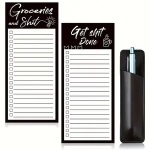 2-Piece Magnetic Grocery List Notepad Fun Memo Pad Magnetic Fridge Notepad Includes 1 Pen Holder Magnetic PU Leather Marker Pouch Fridge Whiteboard Home Accessories Checklist Organizer