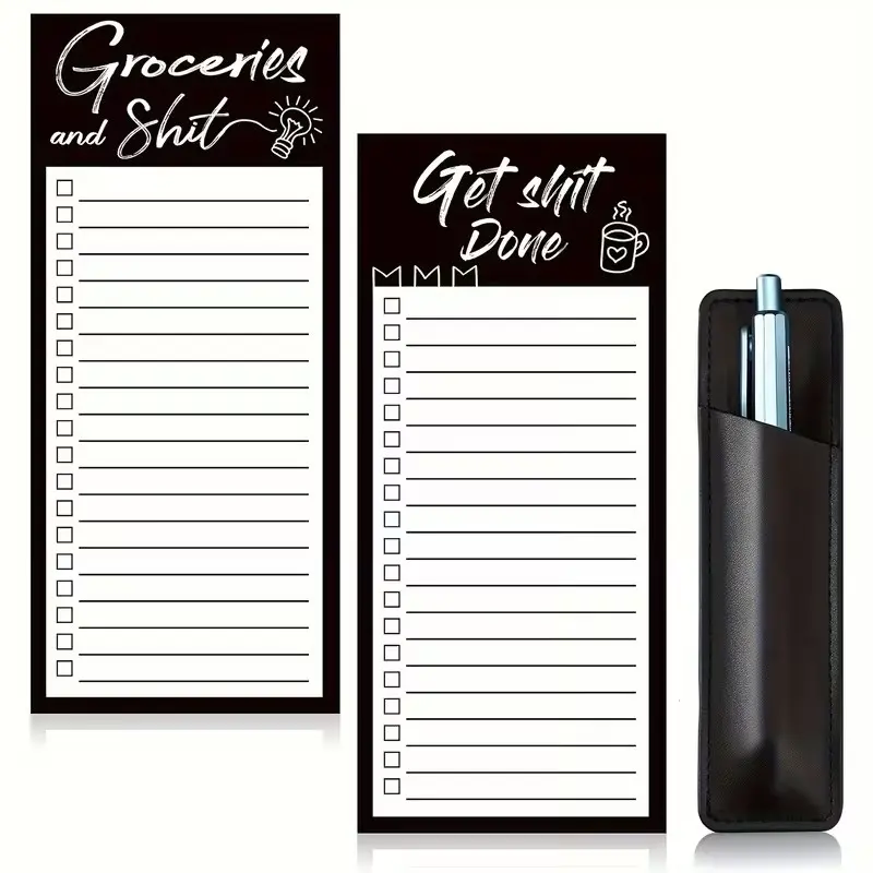2-Piece Magnetic Grocery List Notepad Fun Memo Pad Magnetic Fridge Notepad Includes 1 Pen Holder Magnetic PU Leather Marker Pouch Fridge Whiteboard Home Accessories Checklist Organizer