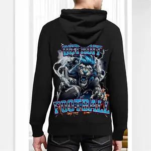 "Detroit Football" Roaring Lion Hoodie – Black Unisex Pullover with Lightning & Blue Mane Graphic