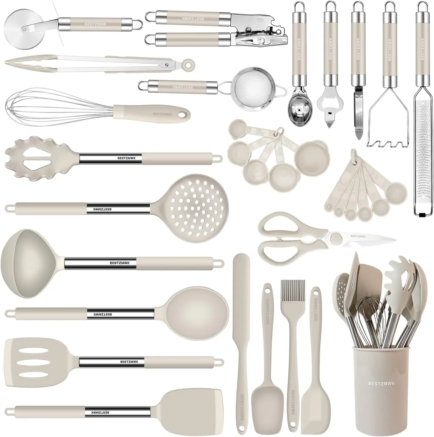 33PCS Silicone Cooking Utensils Set, Non Stick Kitchen Tools with Stainless Steel Handles & Holder, Complete Cookware Set (Khaki)