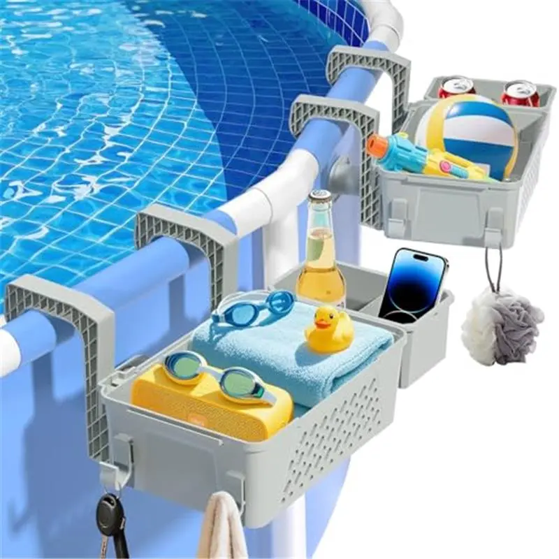 Grey 2-Pack 2026 Upgrade Heavy-Duty Waterproof Hollow Poolside Storage Baskets, 3-in-1 Multifunctional Hanging Organizer with Cup Holder, Fits 3-in or Less Top Rails, 12.66x8.66x4.36 in, 45 lbs Durable Container Set for Cups, Towels, Water