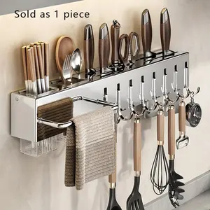 Wall Mounted Stainless Steel Knife Holder Sold as 1 Piece, No Drilling Utensil Storage Organizer for Kitchen