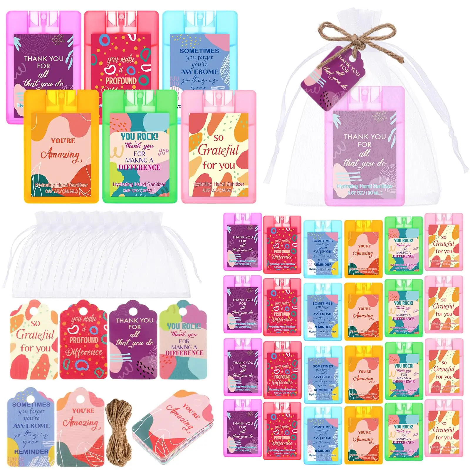 Christmas Hydrating Hand Sanitizer Spray 0.67oz (20ml) ,Bulk 12/24 Sets Mist Hydrating Hand Sanitizer with Positive Sayings Gift Cards & Clear Organza Bags, Fruit Scented, Portable, Gifts for Teacher Camp Counselor Church volunteer Gifts Kids group favors