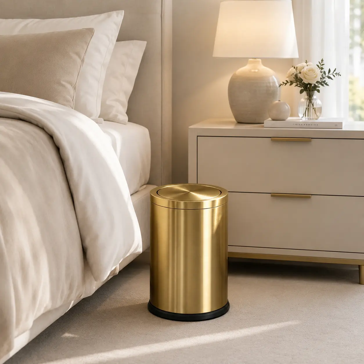 9L Golden Stainless Steel Garbage Can, 360 Degree Mute Flip Cover Anti-Rust Trash Bin with Odor Block Function, Mini Size for Kitchen Bathroom Office, High-End Noiseless Waste Container