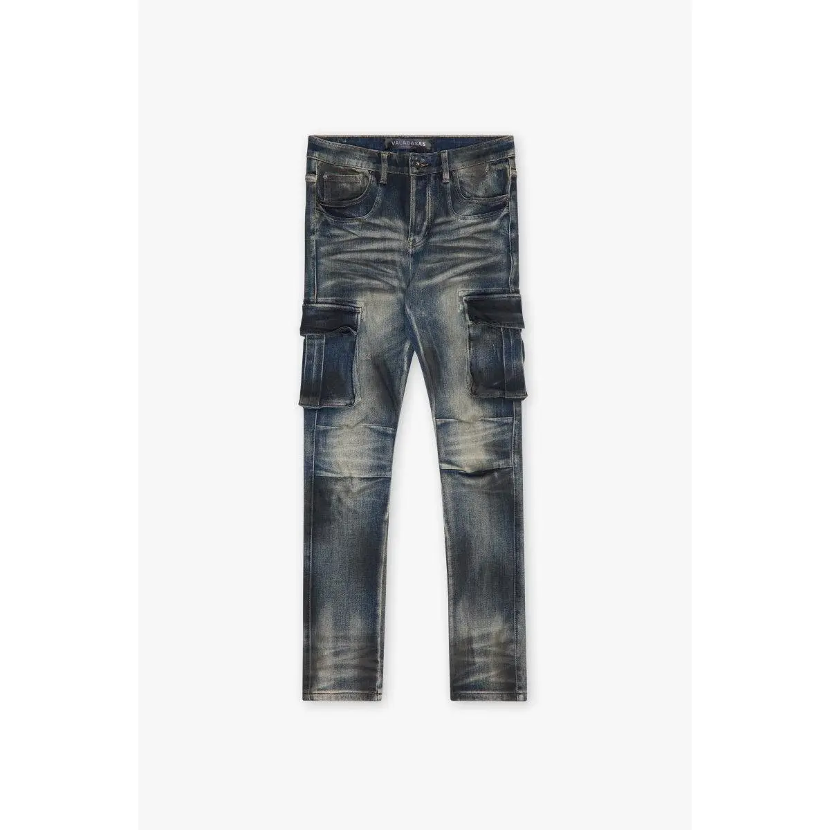 Women's Broken Effect Graphic Bottoms - Dirty Blue Fitted Slim-Fit Jeans, Cargo-Inspired Tapered Leg, Durable Fabric, Functional Pocket, Everyday Casual Streetwear Style, Skinny Fit