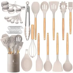 Chef Kitchen Cooking Utensils Set, 33 pcs Non-Stick Silicone Cooking Kitchen Utensils Spatula Set with Holder, Wooden Handle Silicone Kitchen Gadgets Utensil Set, Nonstick Spatula