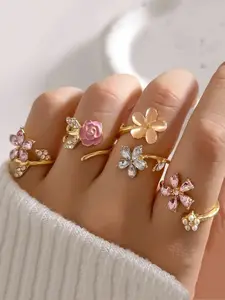 4pcs Set of Alloy Rhinestone Imitation Pearl Oil Painting Stacked Ring Set. Fashionable, Elegant And Sexy Flower Pink Series Rhinestone Imitation Pearl Sexy Flower Wedding Season Ring Set Rhinestone Decor Ring