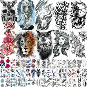 Hotoyannia 62 Sheets Black Temporary Tattoos Stickers for Women Men and Girl, 10 Large-Size That Look Real and Last Long, Include Black Scary Wolf Lion Tiger Skeleton Skull Halloween Fake Tattoos