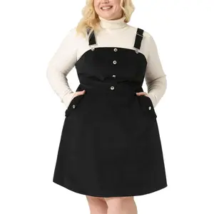 Plus Size Overall Dress Corduroy Pinafore Short Dress for Women Adjustable Strap Suspender Skirt