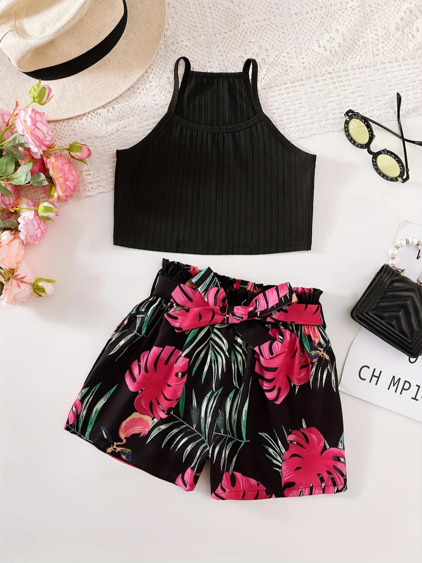 Girl's Crop Cami Top & Paper Bag Waist Shorts Set, Casual Sleeveless Top & Leaf Print Belted Shorts for Summer, Kids Clothes for Daily Wear