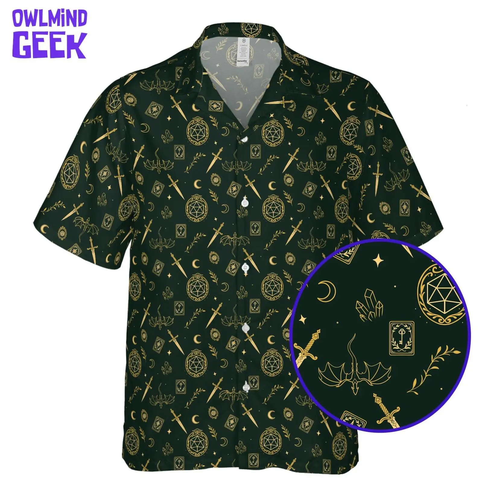 DnD Hawaiian Shirt, Dark Green Gold Fantasy Pattern, D20 DM Dice Shirt, Witchy RPG Button Up
