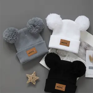 3pcs Breathable Stretchy Infant Knit Beanie with Heart Pompoms | Hand Washable, Mixed Colors, New Year's Occasion, Daily Casual Wear