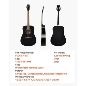 VEVOR Dreadnought Acoustic Guitar, 41 in, 6-String Black Solid Spruce Top Guitar, Beginner Bundle with Gig Bag, Tuner, Strap, Steel Strings, Picks, Capo, Rosewood Fingerboard, for Adult Taller Player