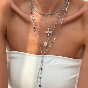 Gold Layered Cross Necklace Set for Women – Virgin Mary Pendant & Colorful Rosary Beads, Trendy Layered Chains, Statement Fashion Jewelry, Beaded Accessories Gifts