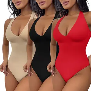 Women Halter Deep V Neck Shapewear Backless Top Thongs Tummy Control Bodysuit Seamless Sculpting Body Shaper Jumpsuits Style Womenswear