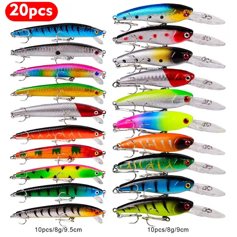 PROBEROS DWS251 20-Color Minnow Bait Fishing Gear Set - 2 Sizes (9cm,10cm), 2 Weights (0.282oz,0.317oz), Power Hook, S/F/SP Swim Modes, Natural Swimming Action, Easy-to-Use Artificial Topwater Spoon Lures That Imitate Small Fish for Bass Fishing