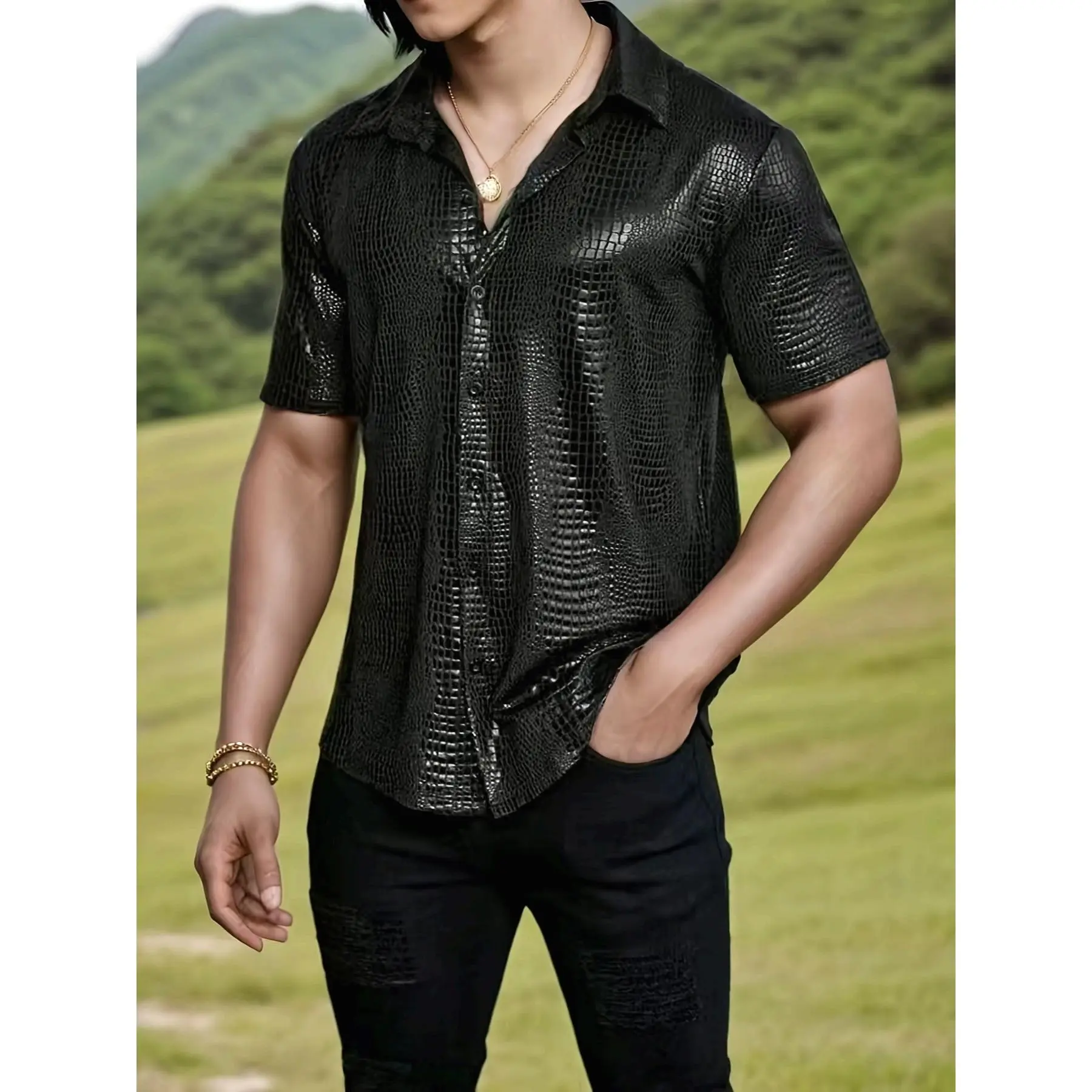 [Crocodile Shirt] Stylish Crocodile Pattern Men's Short Sleeve Shirt |   Polyester Collar, Front Button, Perfect for Summer Parties and Gifts for Him