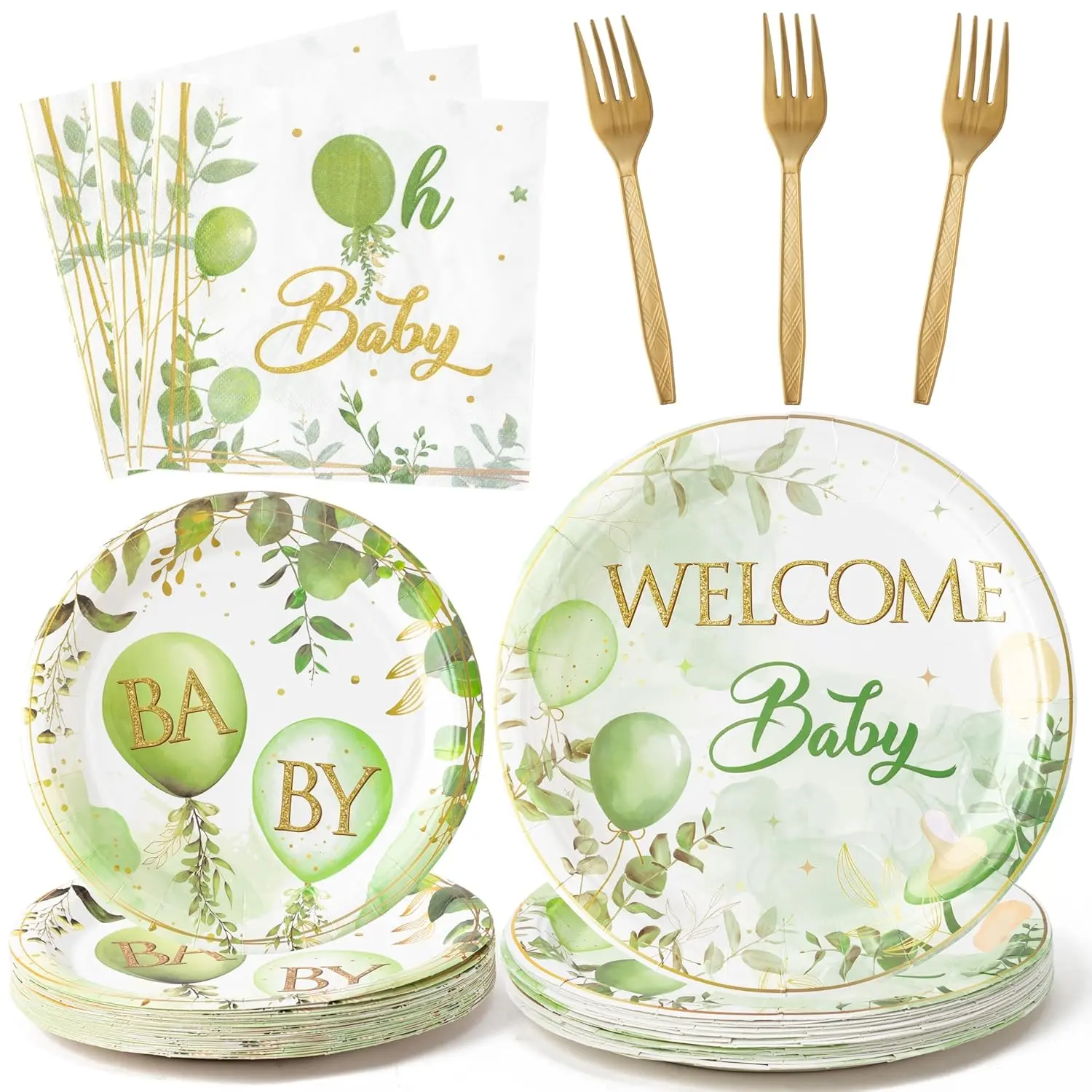 96 Pcs Sage Green Baby Shower Party Supplies Set with Plates, Napkins & Forks
