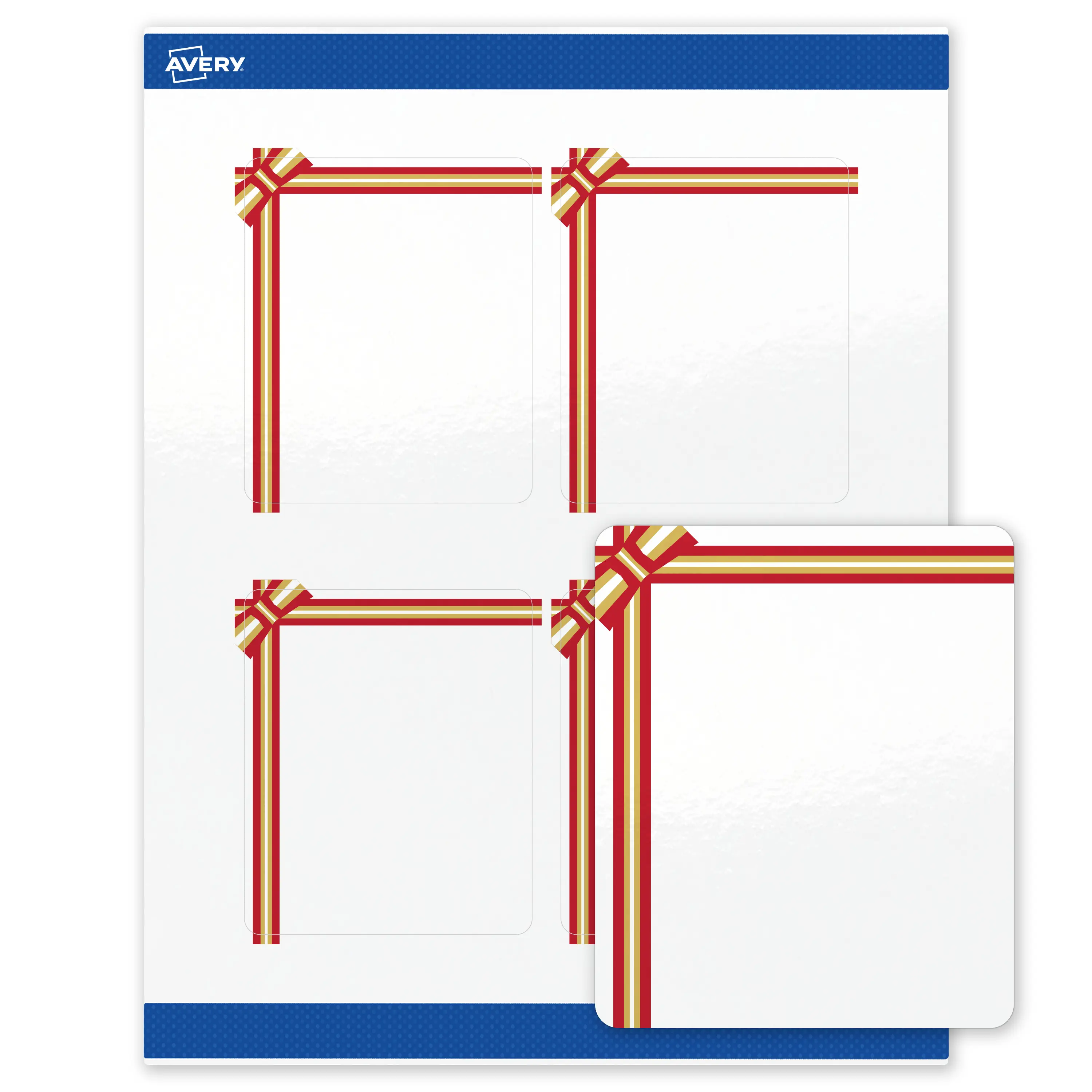 Avery® Printable Christmas Labels with Sure Feed® Technology, Rectangle, 4" x 3-1/3", Pre-Printed Red & Metallic Gold Gift Bow Design, Glossy White, Laser & Inkjet Compatible, 40 Total