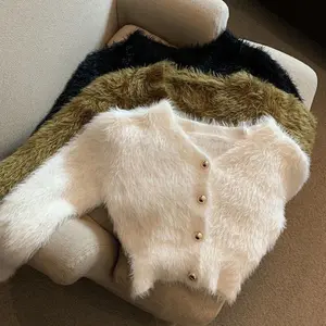 Vintage cropped mohair knitted cardigan for women, V-neck sweater coat, streetwear, Korean style, black/white, solid knit, slim fit jumper, new arrival