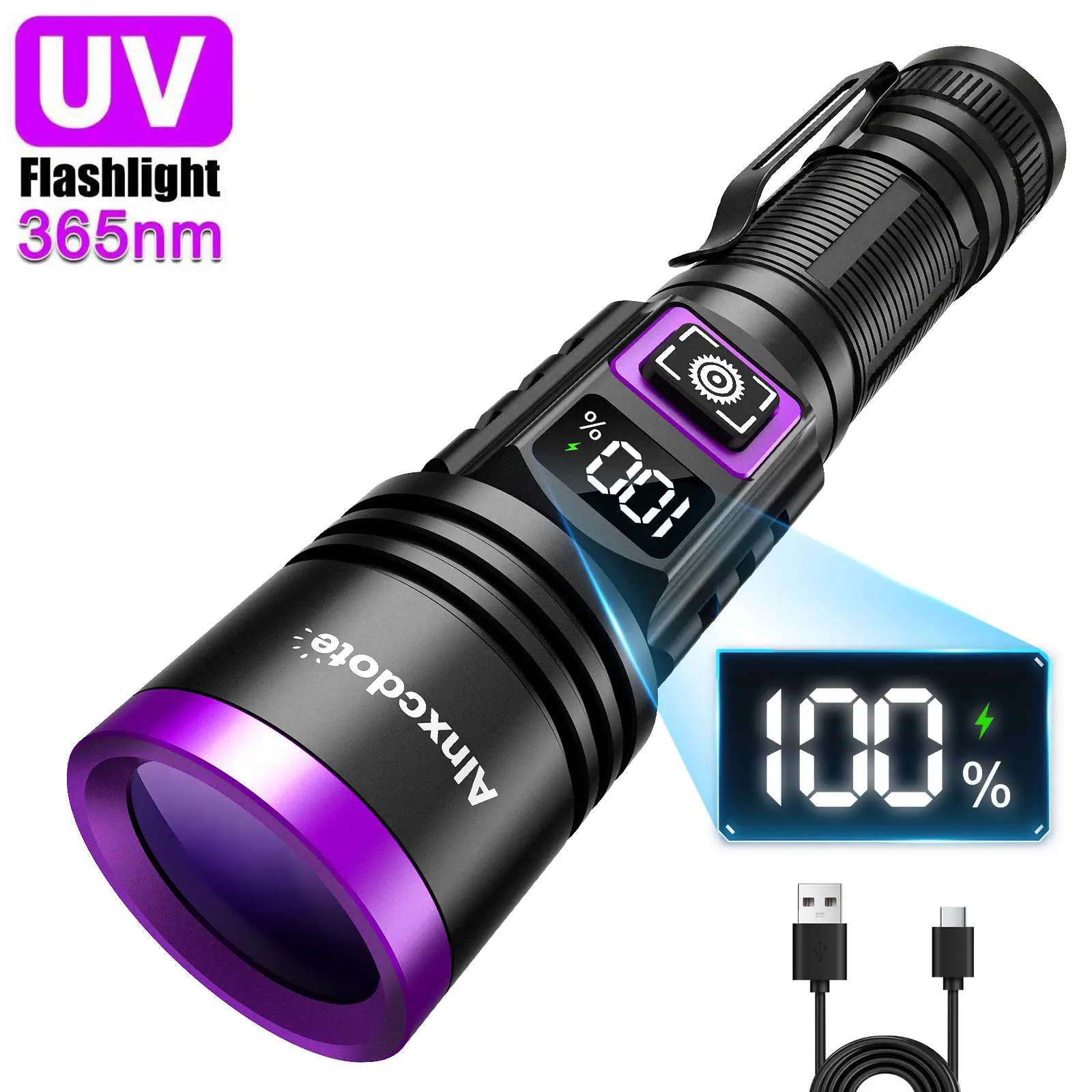 365nm UV Black Light Flashlight, 4-Core LED with Black Filter Lens, LCD Digital Power Display, Type-C Rechargeable Aluminum Handheld Ultraviolet Detector for Cat Urine, Scorpion Detection