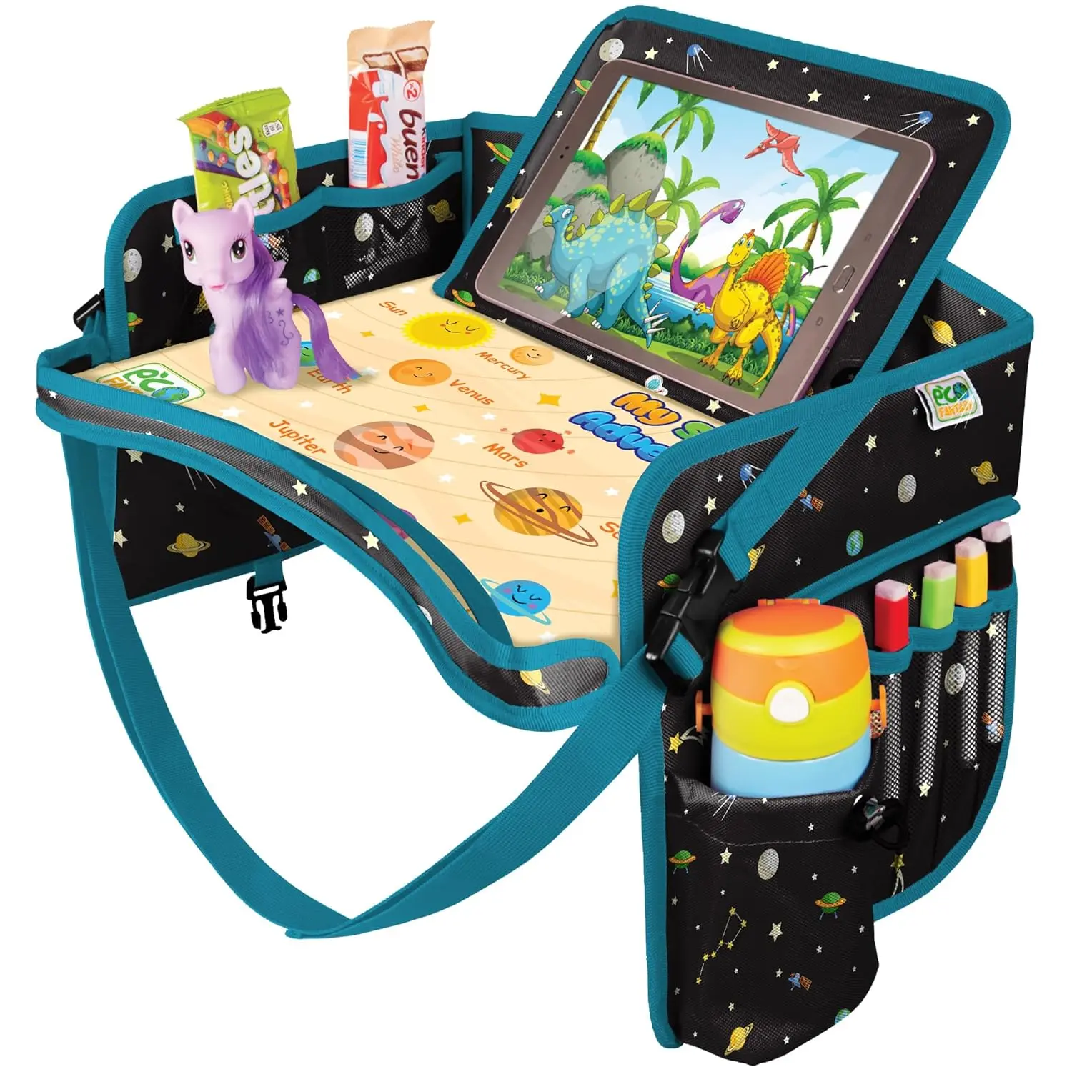 Seat Tray for  -  Carseat Table Top -  Travel Tray - Travel and Road Trip Essentials  - Lap Desk with Storage - Airplane Travel Accessories (Black)
