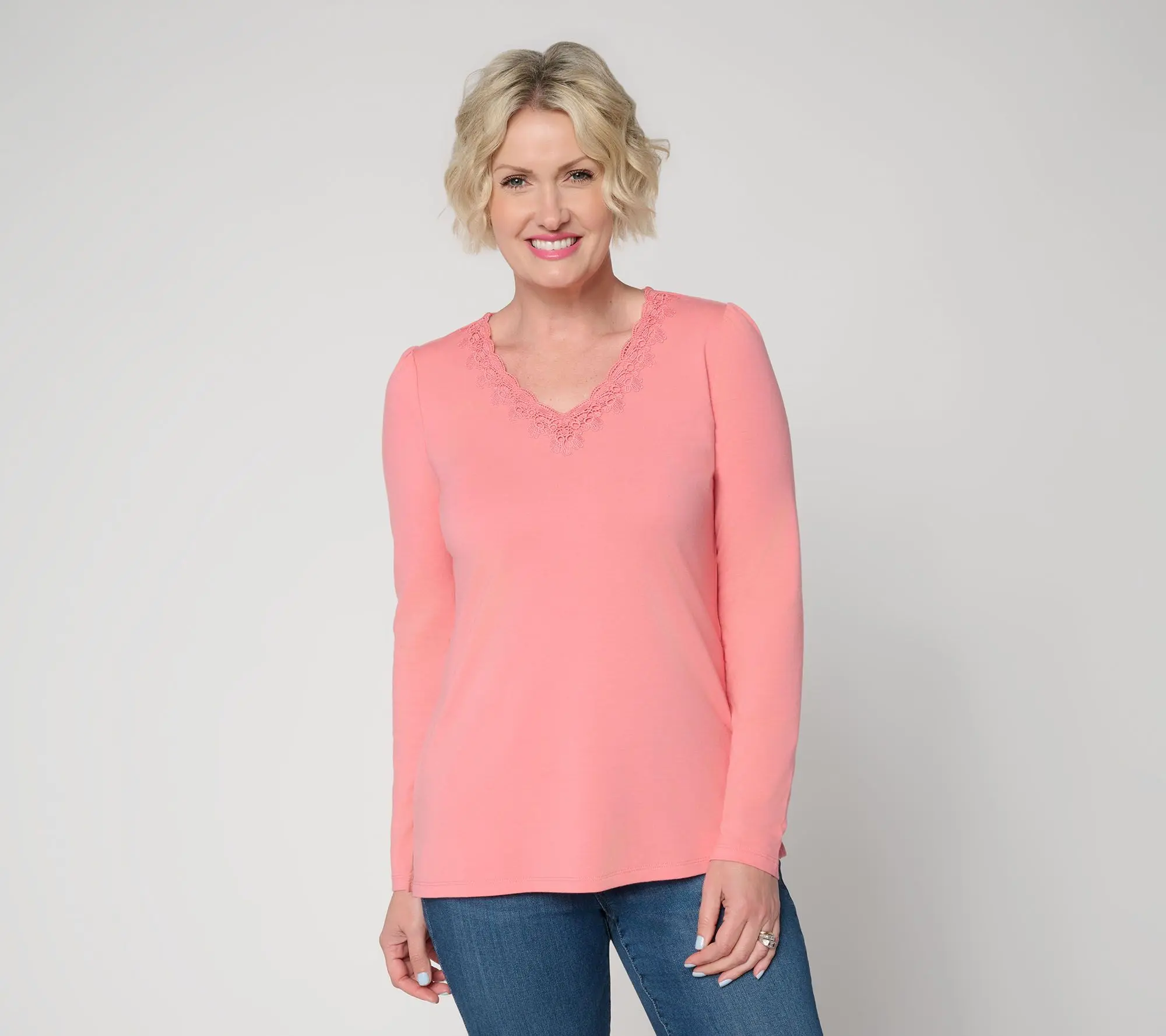 Belle by Kim Gravel TripleLuxe Knit Floral Lace Trim V Neck Top