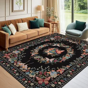 Vintage Butterfly & Flower Pattern Rug, Soft Medieval Modern Carpet, 3 Colors Available, Non-Slip Living Room Bedroom Decor Area Rug