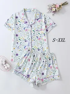Women's Floral Print Short Sleeve Pajama, Elegant Button Up Shortsleeve Lapel Neckline Top & Shorts Pj Set, Ladies Sleepwear for Summer, Loungewear, Womenswear