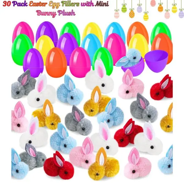 30-Pack Unisex BPA-Free Latex-Free Easter Egg Fillers with Fun Plush Bunnies - Colorful Easter Basket Stuffers for Girls (3+ Years, 6 Months Suitable), Safe Material Gift Set (Toys & Hobbies Stuffed Toys)
