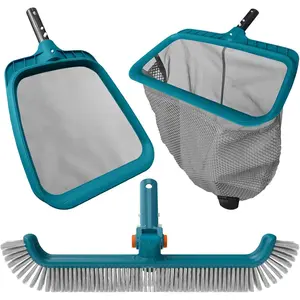 Economy Swimming Pool Cleaning Kit - Fine Mesh Deep Pool Rake & Leaf Skimmer Net, Rotatable Pool Brush  for Cleaning Above Ground & Inground Pools (No Pole)