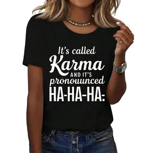 Karma Print Top Women's Black Cotton Loose Sporty Party Style Crewneck Short Sleeve T-Shirt with Funny Slogan for Personality