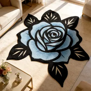 Creative Blue Floral Rose Pattern Print Irregular Simple Decorative Living Room Bedroom Carpet, Foldable Easy Care Plush Rug, Universal Indoor Use