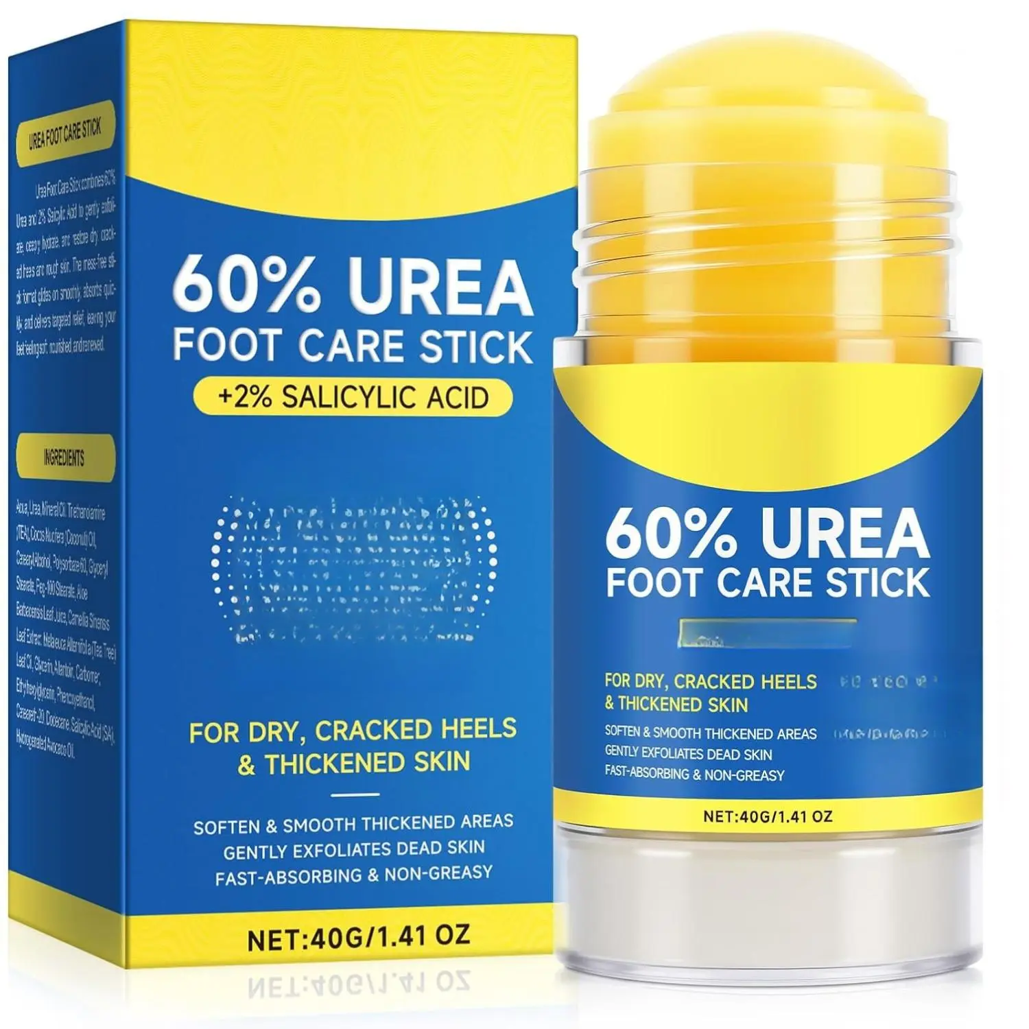 60% Urea Foot Care Stick with 2% Salicylic Acid – Heel Repair Cream for Dry Cracked Feet, Callus Remover, Deep Moisturizer & Skin Softener for Feet, Hands, Knees & Elbows (1.41 oz)