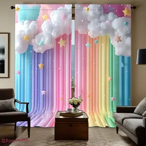 2pcs rainbow vertical pattern Sheer Printed Curtains, Home textile, made of polyester fiber material, Translucent privacy protection design, hand washable and machine washable, suitable for home decoration
