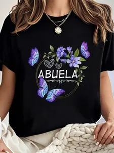 100% cotton Abuela shirt For Women with butterflies Mother's Day T-Shirt Women Graphic T-Shirt Cotton Print short Sleeve Casual Top, Summer Tee Womens Tops
